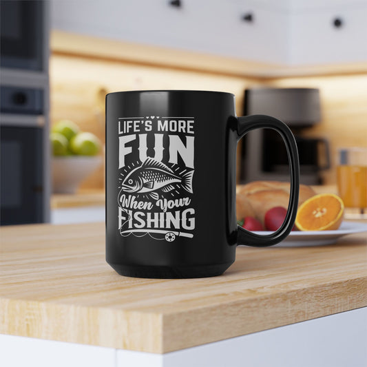 Black ceramic mug, 15oz capacity, fishing fun